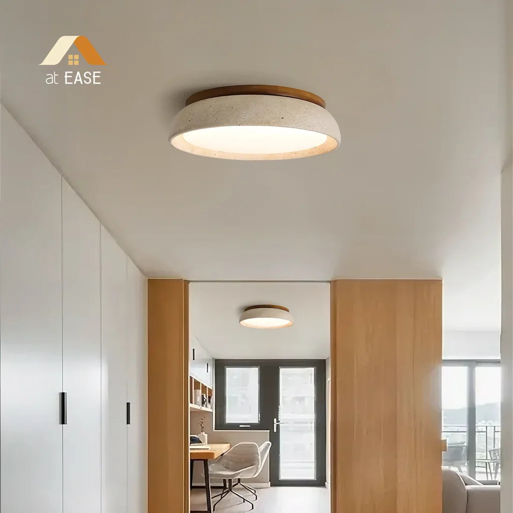 Plafondlamp Minimalistisch Rond met Travertijn Kap en Houten Rand