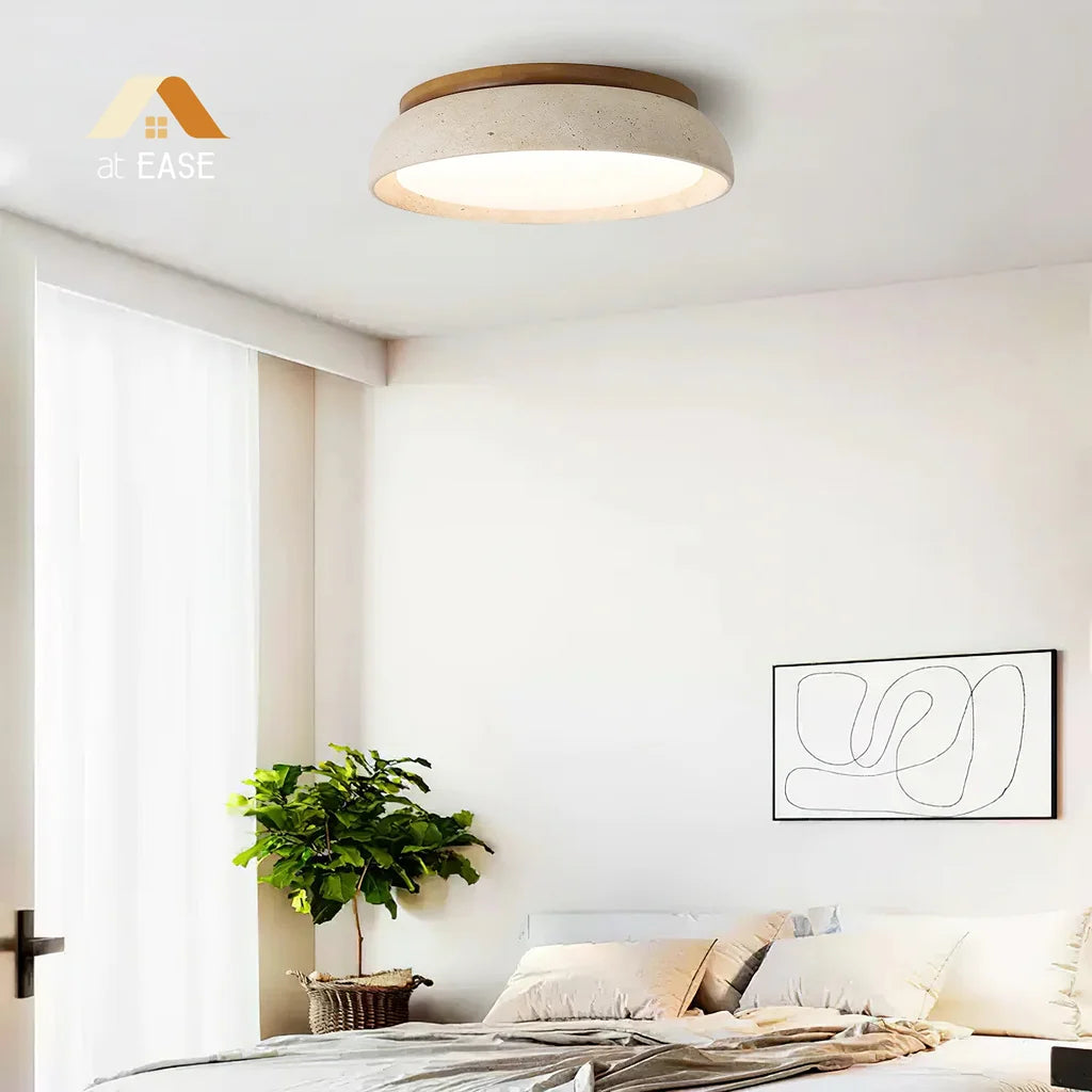Plafondlamp Minimalistisch Rond met Travertijn Kap en Houten Rand