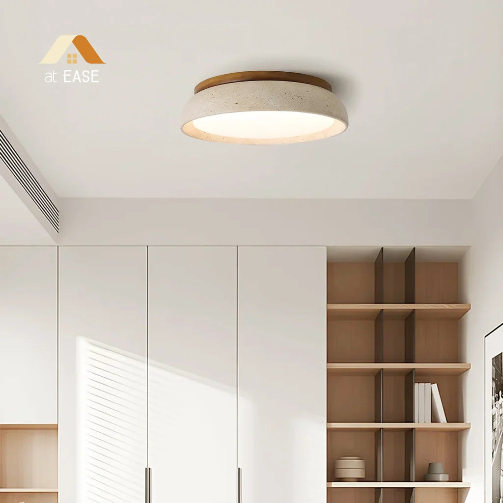 Plafondlamp Minimalistisch Rond met Travertijn Kap en Houten Rand