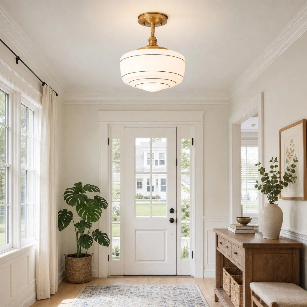 Plafondlamp Retro met Gestreepte Glazen Kap en Messing Fitting