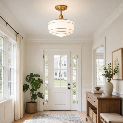 Plafondlamp Retro met Gestreepte Glazen Kap en Messing Fitting