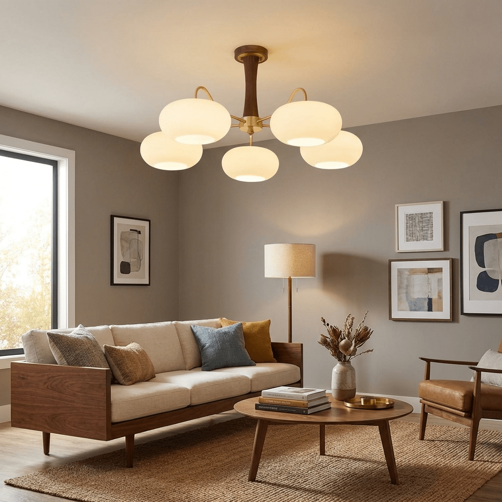 Plafondlamp Retro met Glazen Kappen en Messing Armen