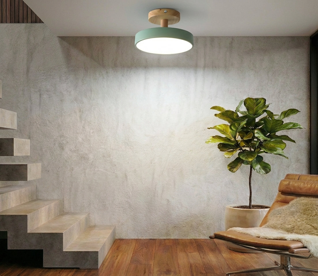 Plafondlamp Scandinavisch met Ronde Kap en Houten Basis