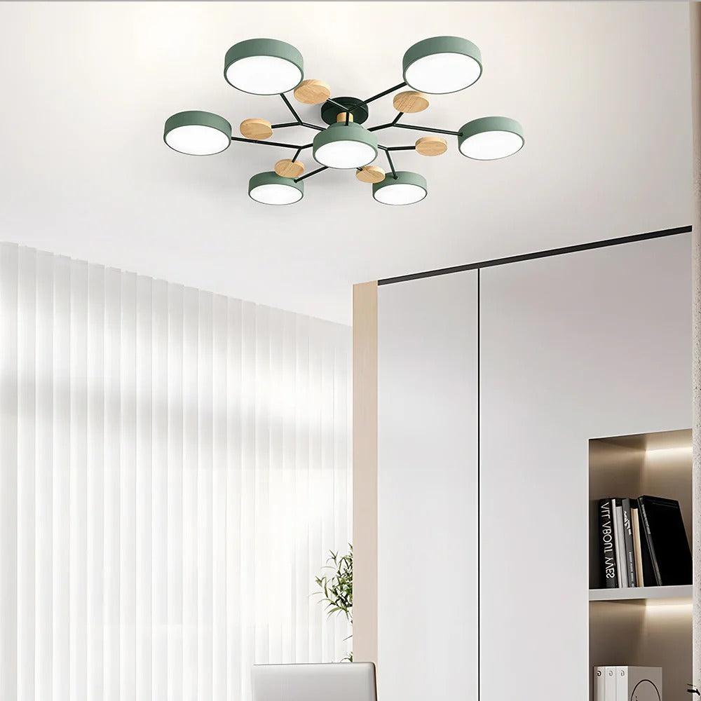 Plafondlamp Scandinavisch met Ronde LED Kappen en Houten Accenten