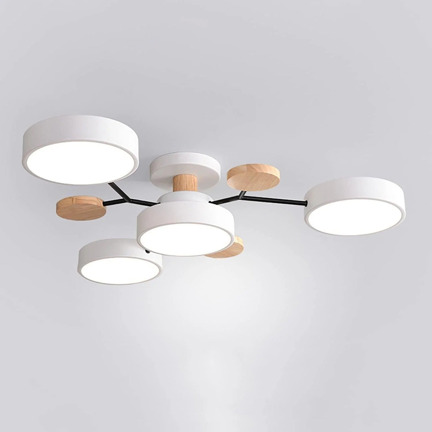 Plafondlamp Scandinavisch met Ronde LED Kappen en Houten Accenten