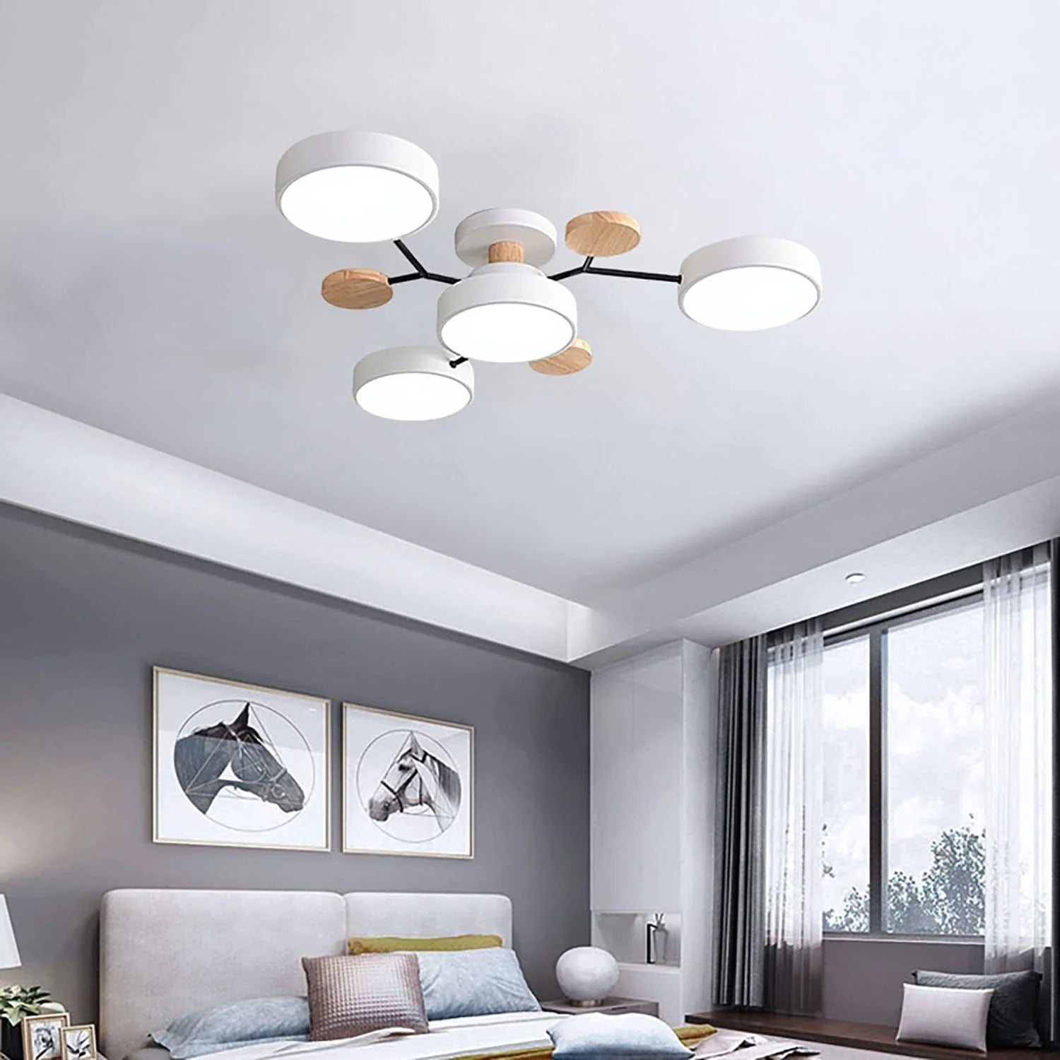 Plafondlamp Scandinavisch met Ronde LED Kappen en Houten Accenten