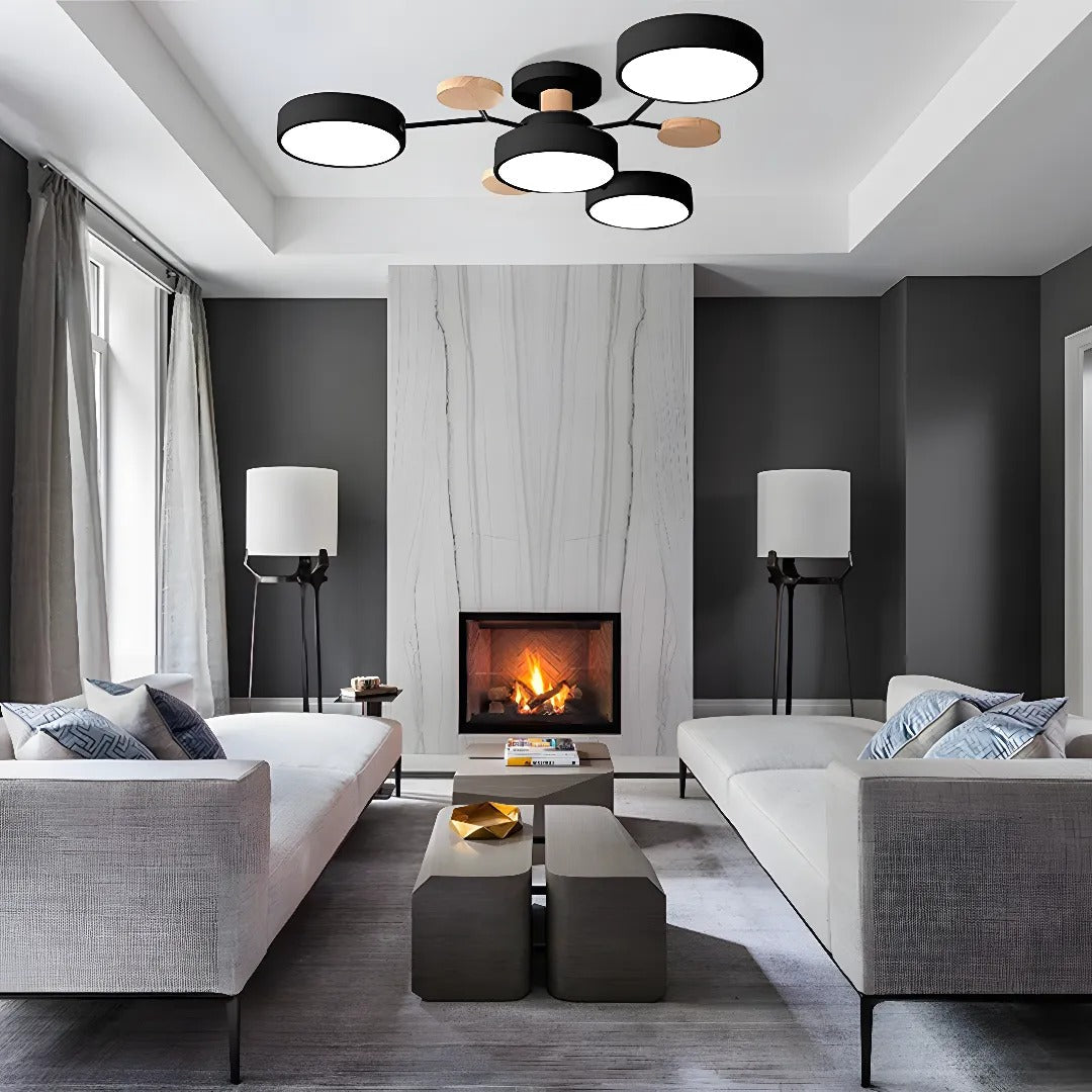 Plafondlamp Scandinavisch met Ronde LED Kappen en Houten Accenten