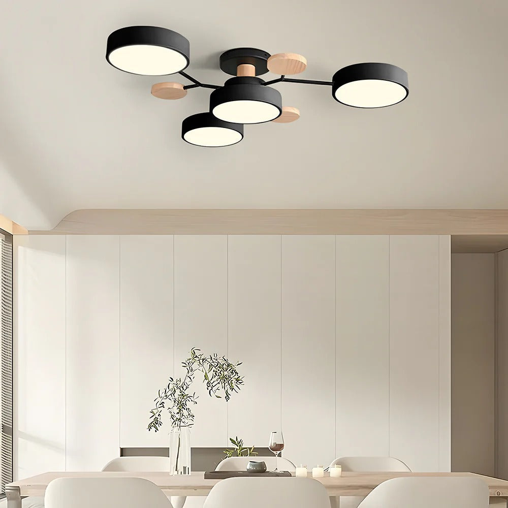 Plafondlamp Scandinavisch met Ronde LED Kappen en Houten Accenten