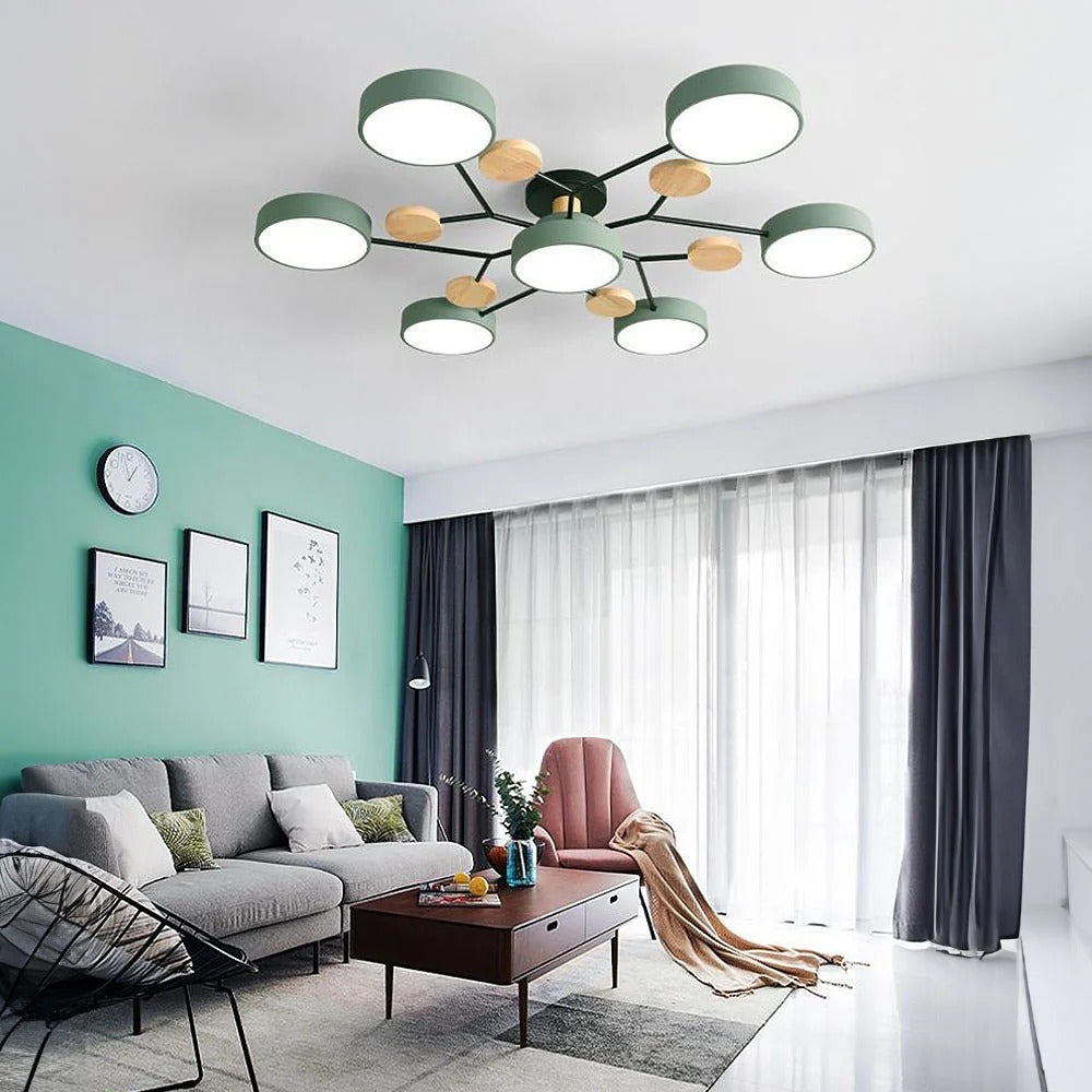 Plafondlamp Scandinavisch met Ronde LED Kappen en Houten Accenten