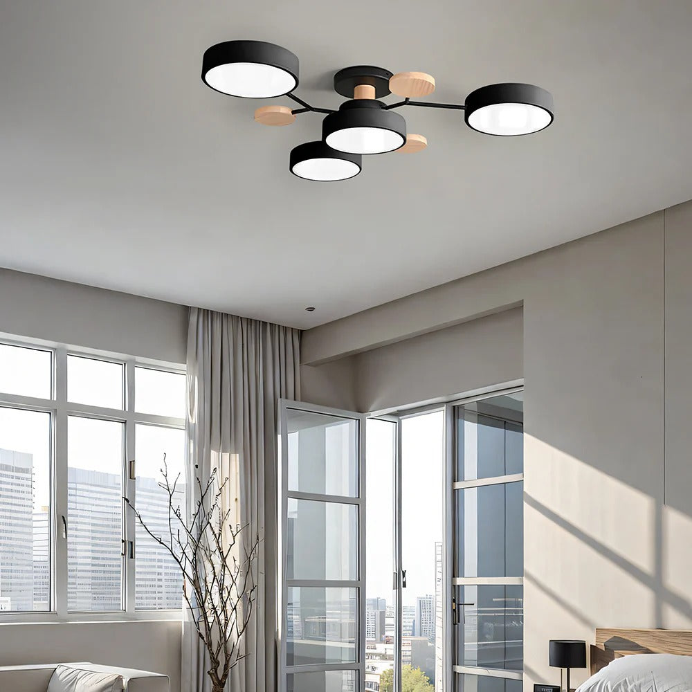 Plafondlamp Scandinavisch met Ronde LED Kappen en Houten Accenten