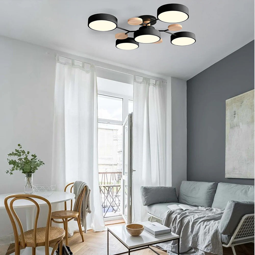 Plafondlamp Scandinavisch met Ronde LED Kappen en Houten Accenten