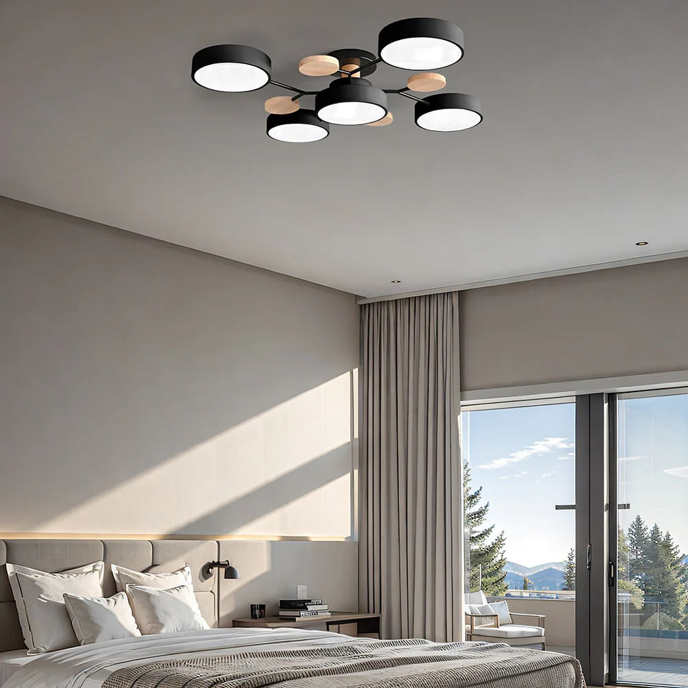 Plafondlamp Scandinavisch met Ronde LED Kappen en Houten Accenten