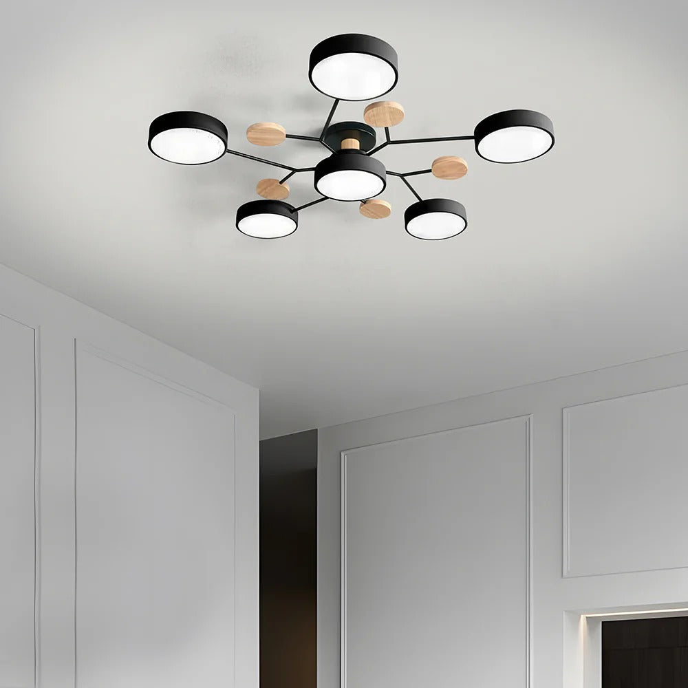 Plafondlamp Scandinavisch met Ronde LED Kappen en Houten Accenten
