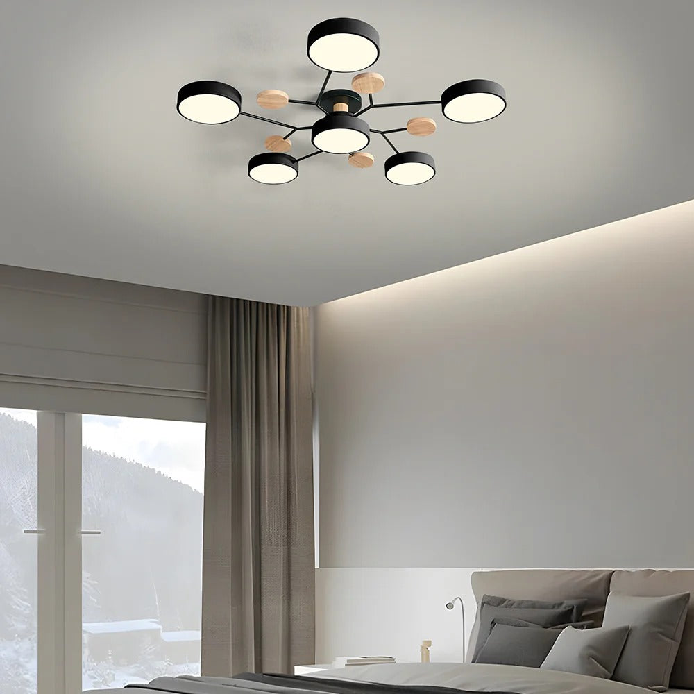 Plafondlamp Scandinavisch met Ronde LED Kappen en Houten Accenten