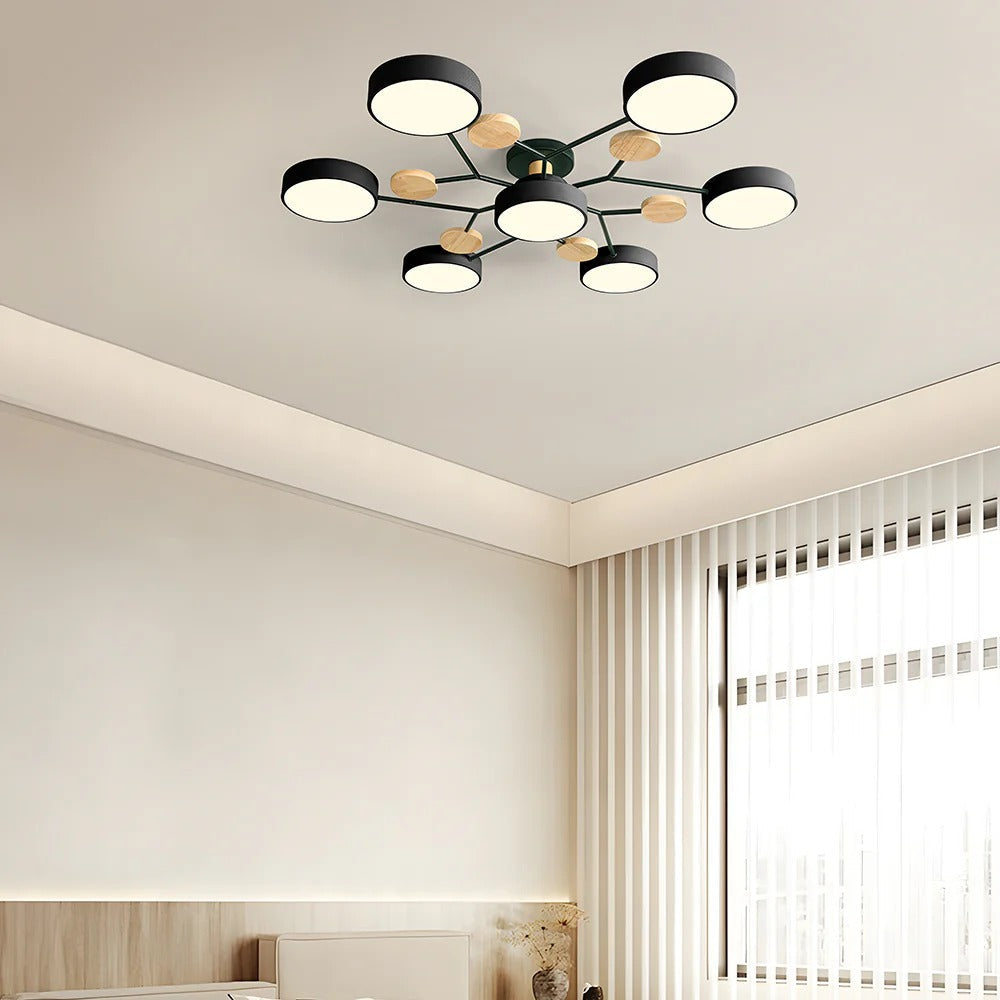Plafondlamp Scandinavisch met Ronde LED Kappen en Houten Accenten