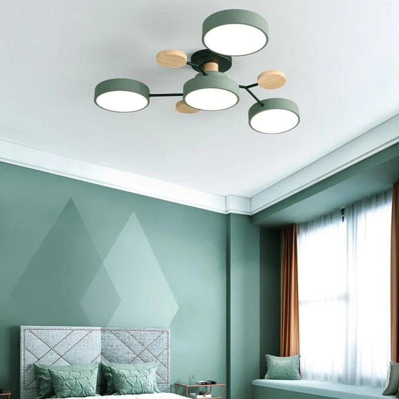Plafondlamp Scandinavisch met Ronde LED Kappen en Houten Accenten