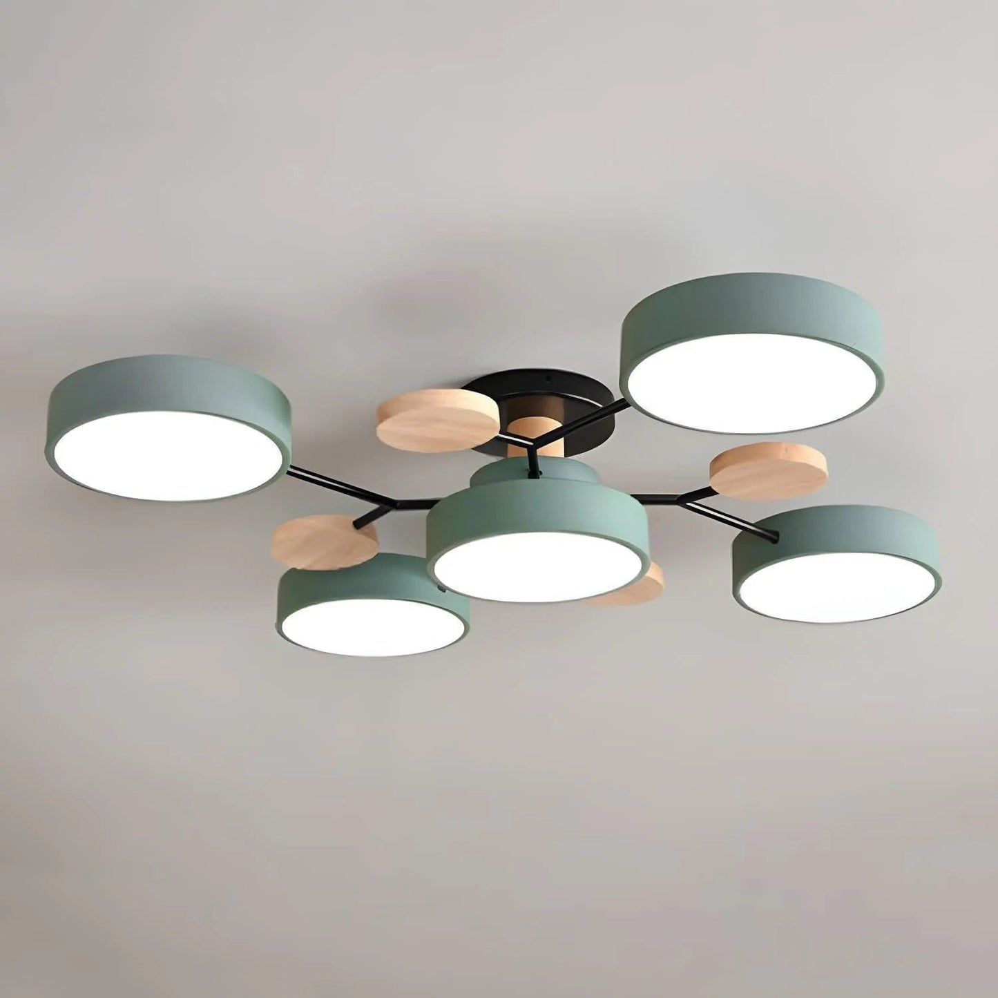 Plafondlamp Scandinavisch met Ronde LED Kappen en Houten Accenten