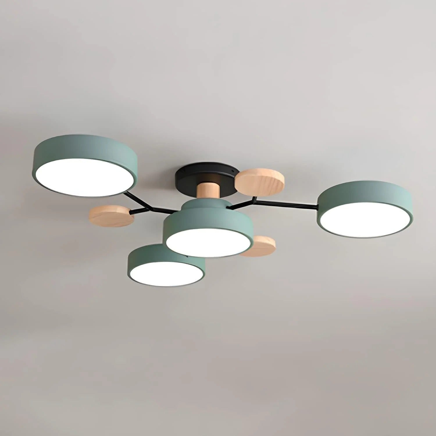 Plafondlamp Scandinavisch met Ronde LED Kappen en Houten Accenten