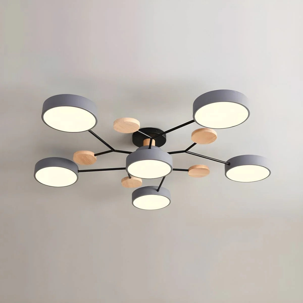 Plafondlamp Scandinavisch met Ronde LED Kappen en Houten Accenten