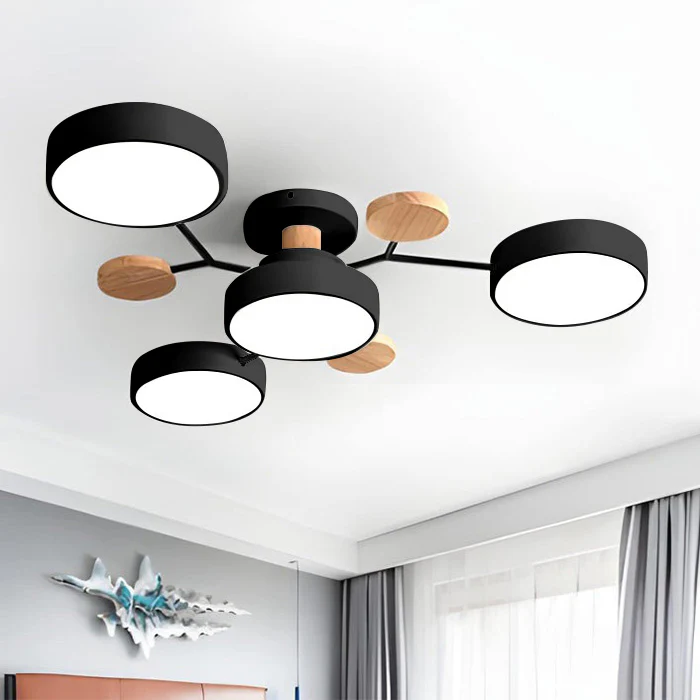 Plafondlamp Scandinavisch met Ronde LED Kappen en Houten Accenten