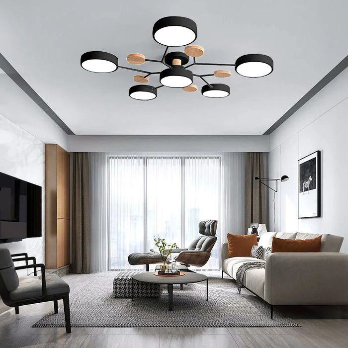 Plafondlamp Scandinavisch met Ronde LED Kappen en Houten Accenten