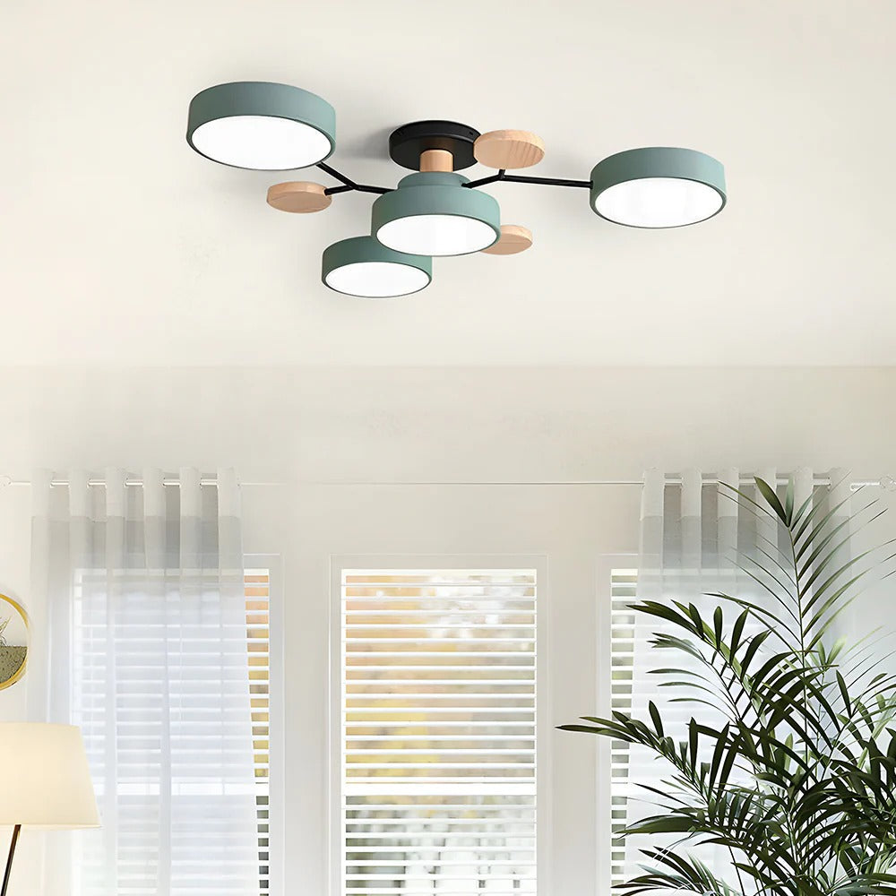 Plafondlamp Scandinavisch met Ronde LED Kappen en Houten Accenten