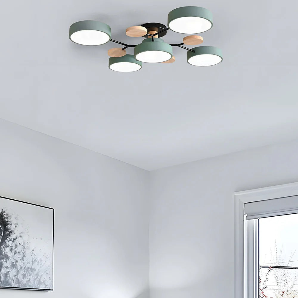 Plafondlamp Scandinavisch met Ronde LED Kappen en Houten Accenten