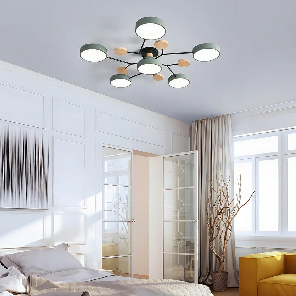 Plafondlamp Scandinavisch met Ronde LED Kappen en Houten Accenten