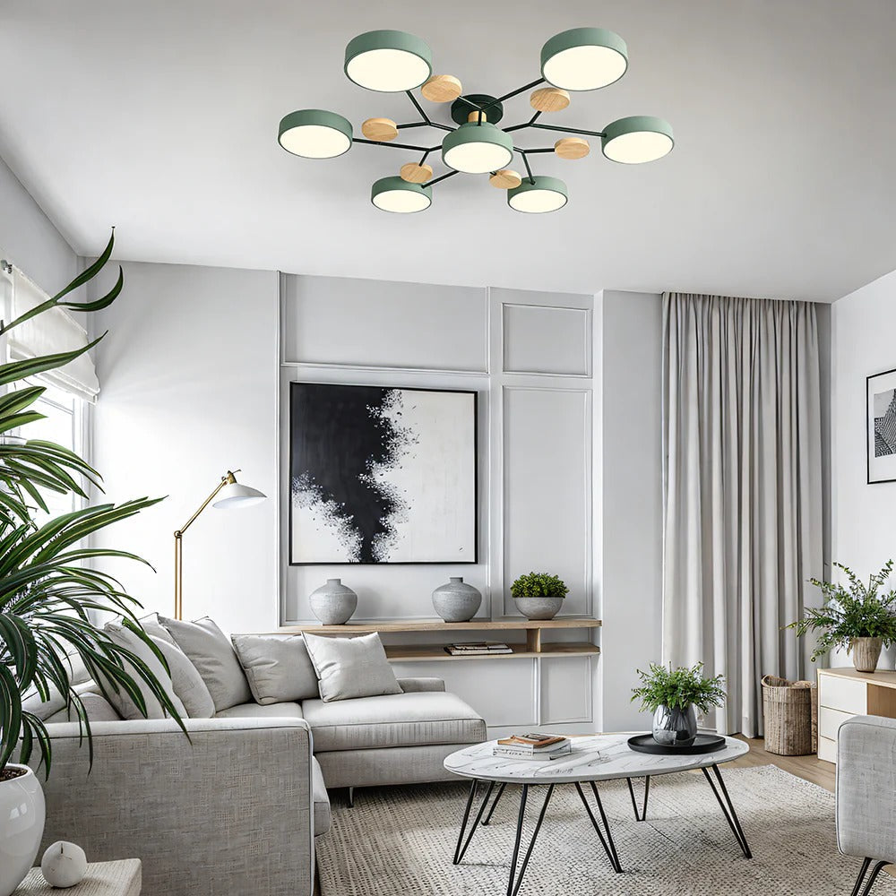 Plafondlamp Scandinavisch met Ronde LED Kappen en Houten Accenten