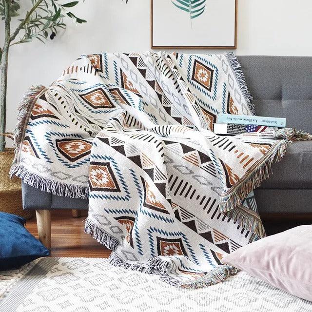 Plaid Deken met Boho Aztec Patroon en Franjes voor Bank of Bed