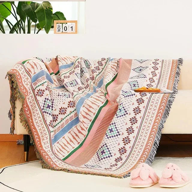 Plaid Deken met Boho Aztec Patroon en Franjes voor Bank of Bed