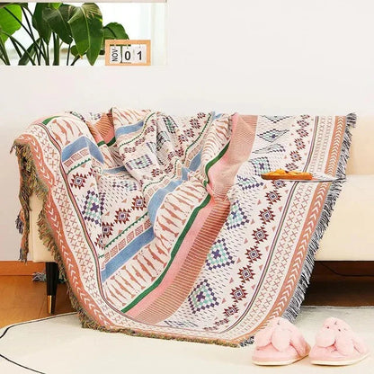 Plaid Deken met Boho Aztec Patroon en Franjes voor Bank of Bed