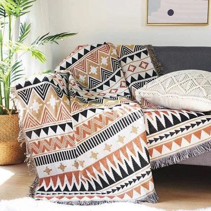 Plaid Deken met Boho Aztec Patroon en Franjes voor Bank of Bed