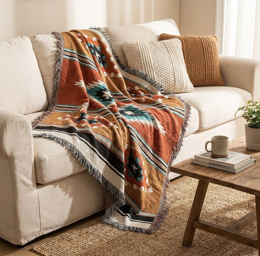 Plaid Deken met Boho Aztec Patroon en Franjes voor Bank of Bed ##POS:2##