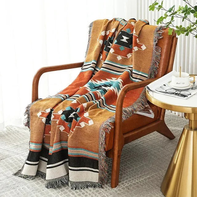 Plaid Deken met Boho Aztec Patroon en Franjes voor Bank of Bed