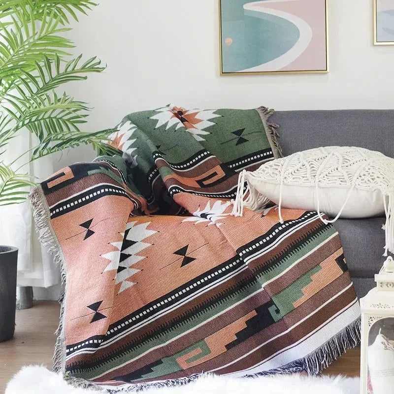 Plaid Deken met Boho Aztec Patroon en Franjes voor Bank of Bed