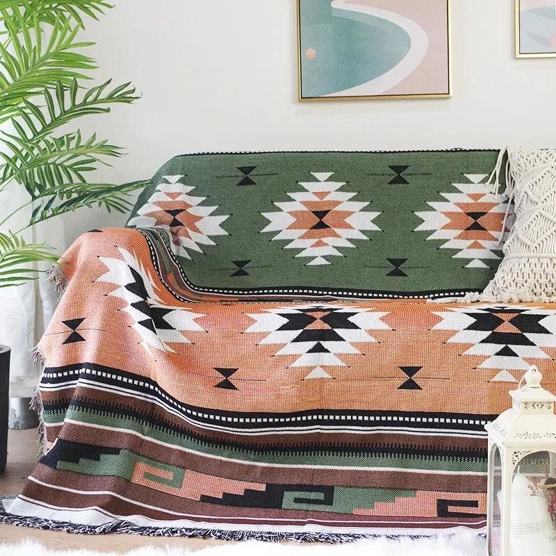 Plaid Deken met Boho Aztec Patroon en Franjes voor Bank of Bed