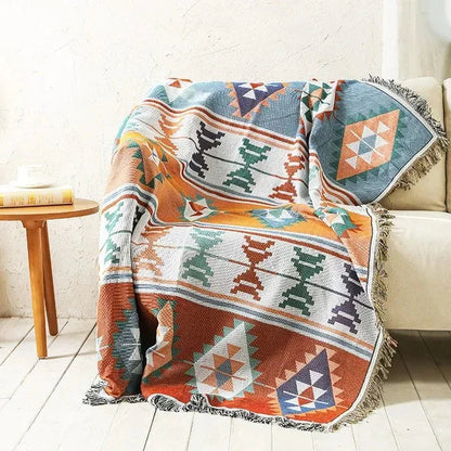 Plaid Deken met Boho Aztec Patroon en Franjes voor Bank of Bed