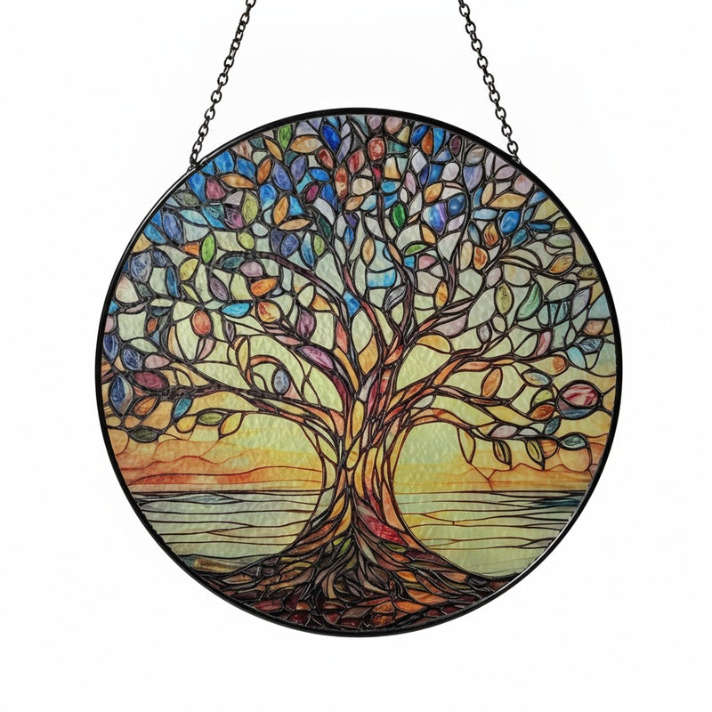 Ronde Zonnevanger Levensboom met Glas-in-lood Look en Metalen Ketting