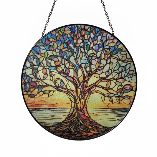 Ronde Zonnevanger Levensboom met Glas-in-lood Look en Metalen Ketting