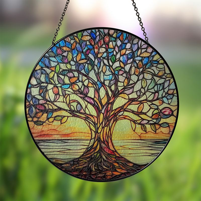 Ronde Zonnevanger Levensboom met Glas-in-lood Look en Metalen Ketting
