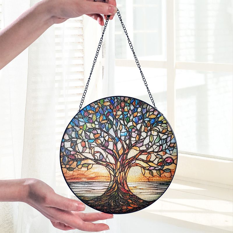 Ronde Zonnevanger Levensboom met Glas-in-lood Look en Metalen Ketting