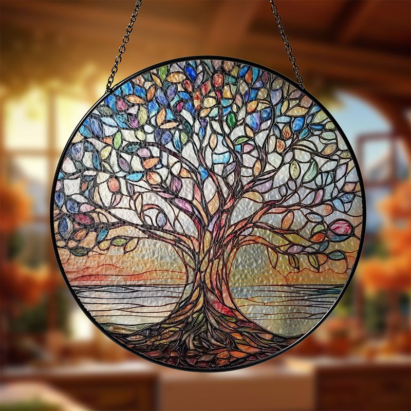 Ronde Zonnevanger Levensboom met Glas-in-lood Look en Metalen Ketting