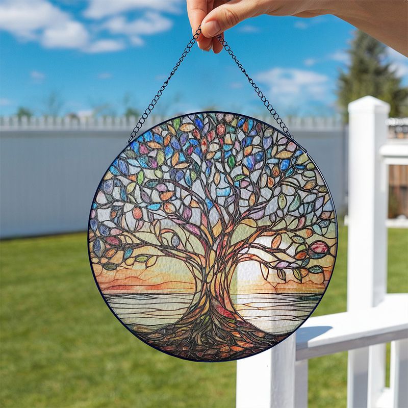 Ronde Zonnevanger Levensboom met Glas-in-lood Look en Metalen Ketting