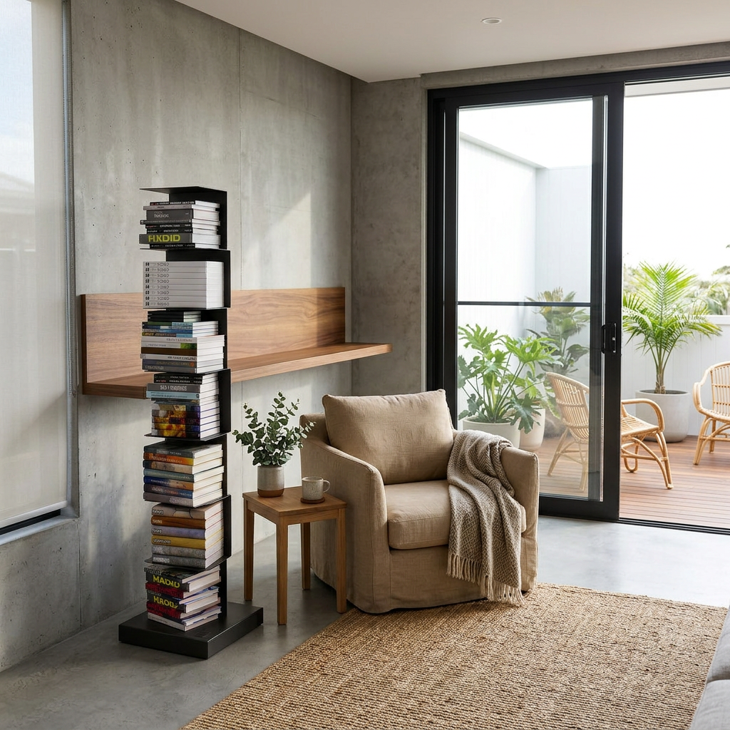 Staande Boekenkast Metaal met Zwevende Planken en Verticale Toren
