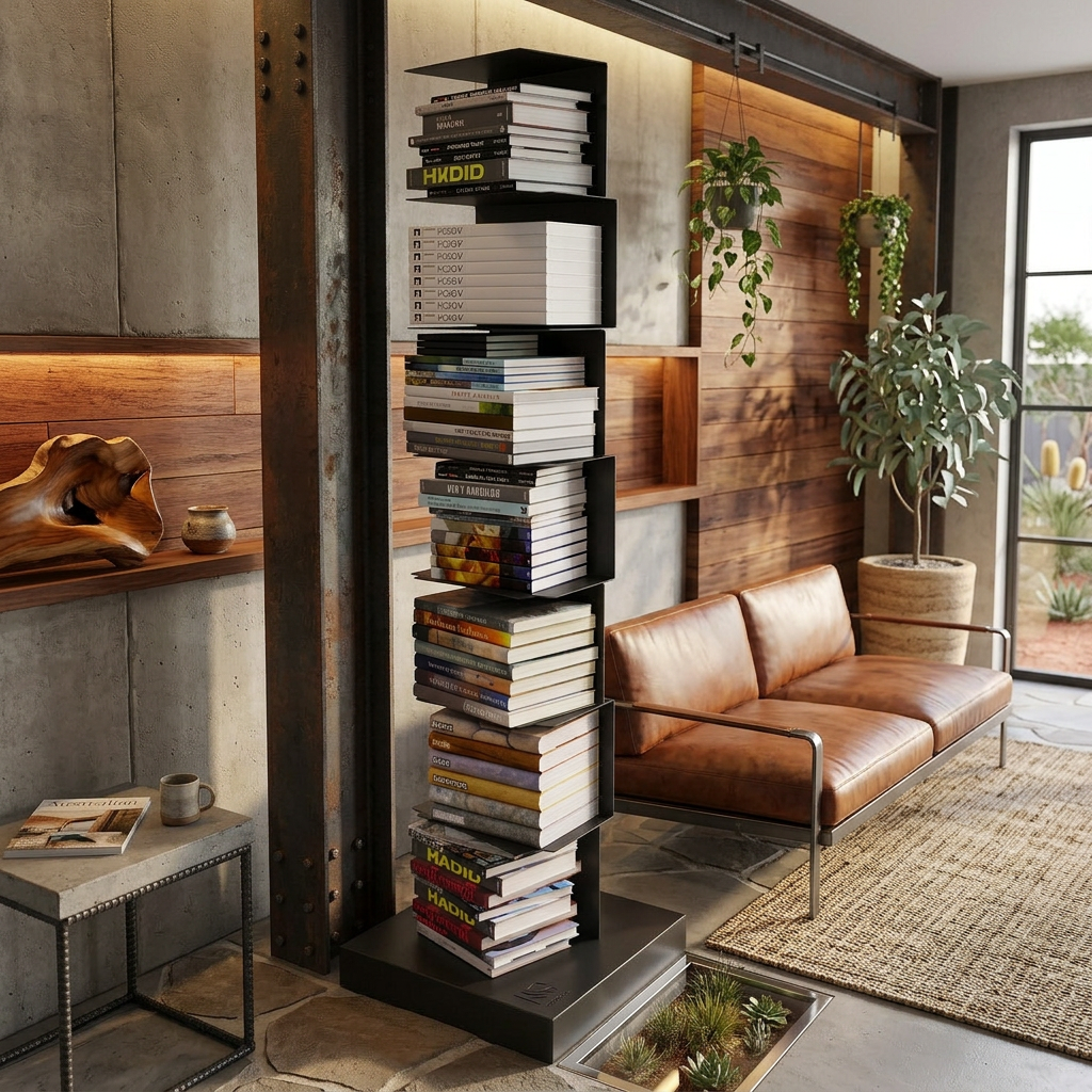 Staande Boekenkast Metaal met Zwevende Planken en Verticale Toren