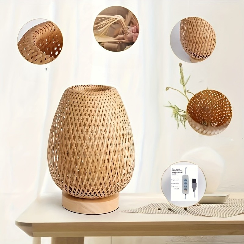 Tafellamp Bohemian met Gevlochten Bamboe Kap en Dimbare Touch Bediening