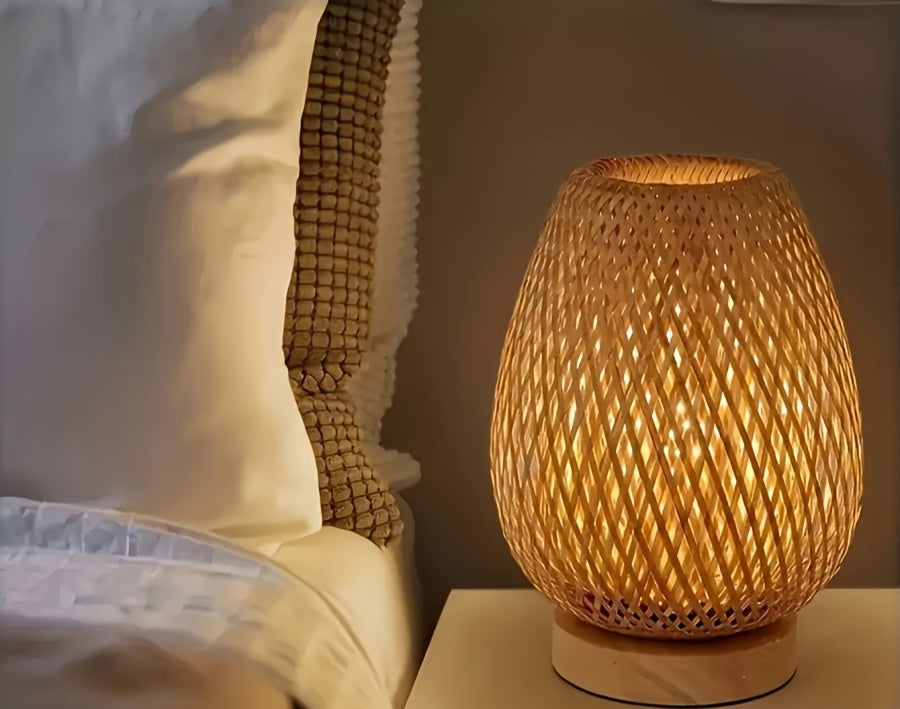 Tafellamp Bohemian met Gevlochten Bamboe Kap en Dimbare Touch Bediening