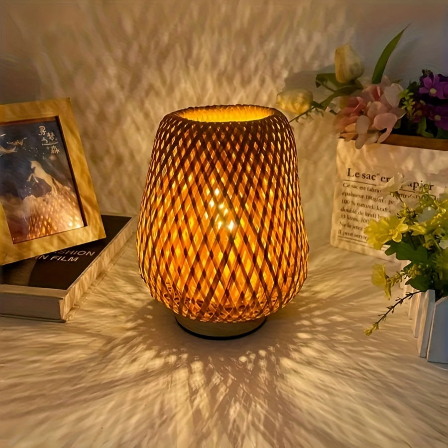 Tafellamp Bohemian met Gevlochten Bamboe Kap en Dimbare Touch Bediening