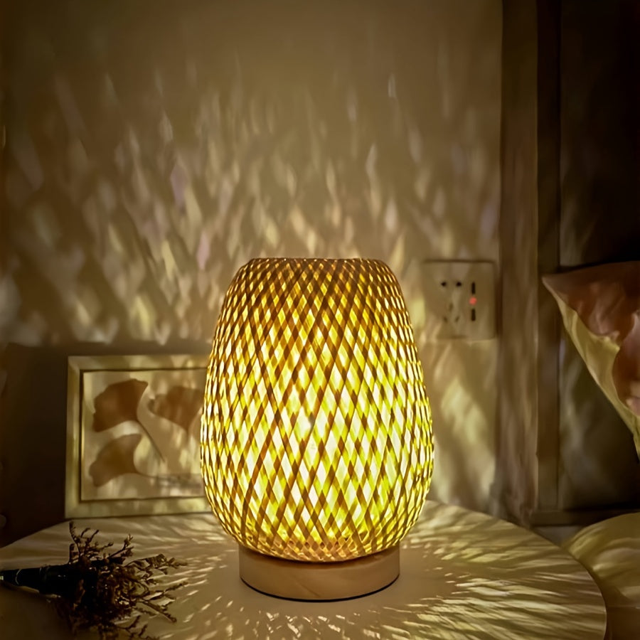 Tafellamp Bohemian met Gevlochten Bamboe Kap en Dimbare Touch Bediening